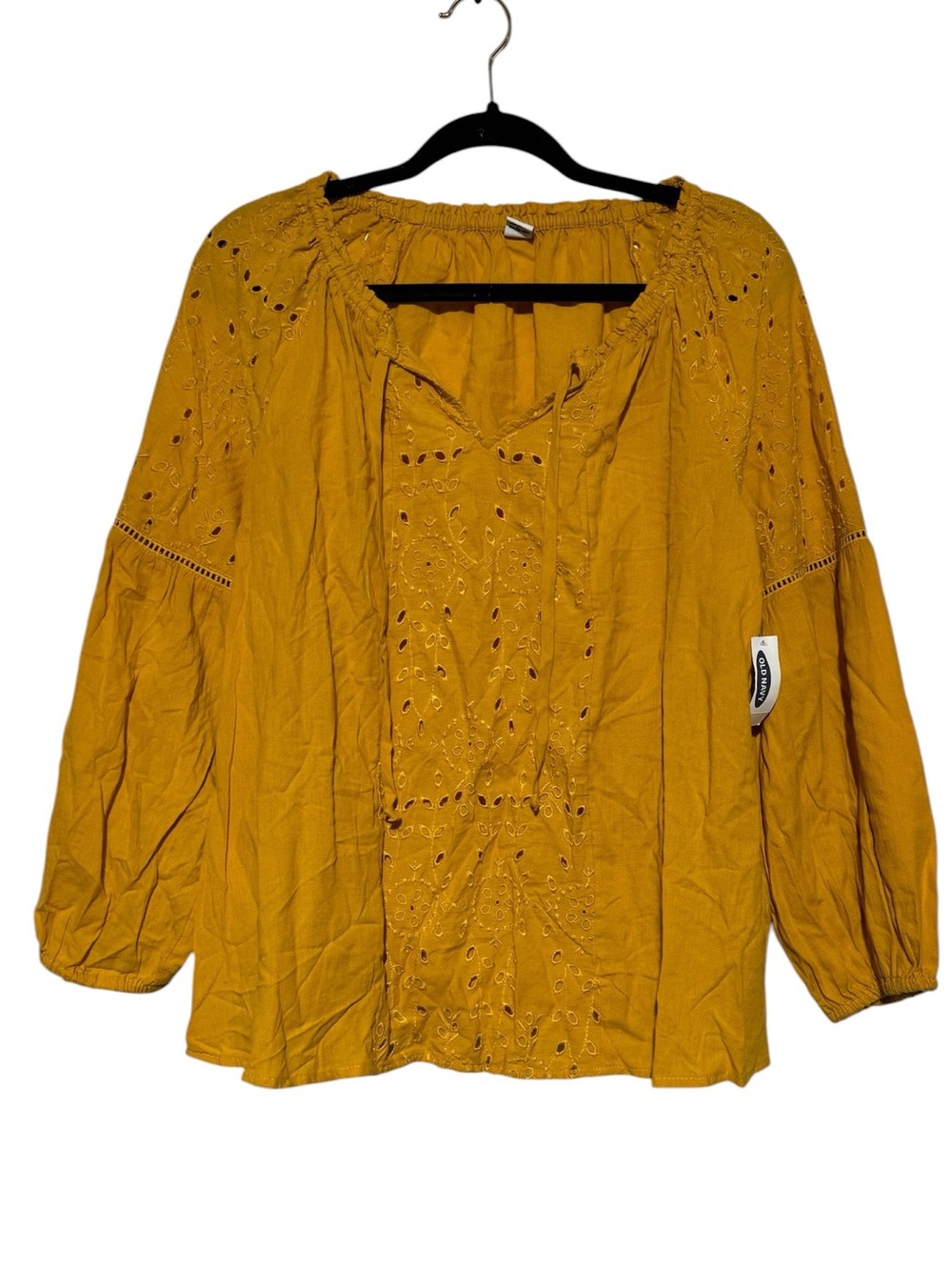 Old Navy Mustard Yellow Top Blouse Size Medium 100% Cotton Eyelet Peasant Boho